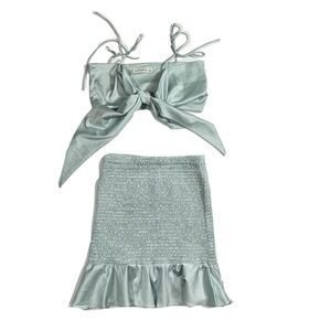 Light Blue Satin SmockedTwo Piece Set Tie Front Ruffle Skirt